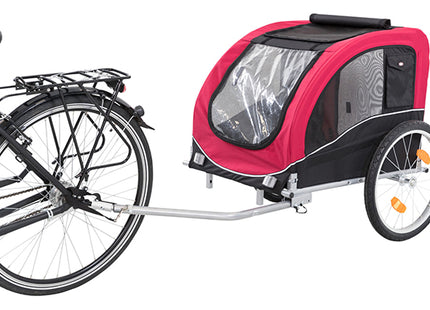 Een "fietskar" met daaraan een "Trixie - Hondenfietskar" die uitstekende "ventilatie" biedt.
