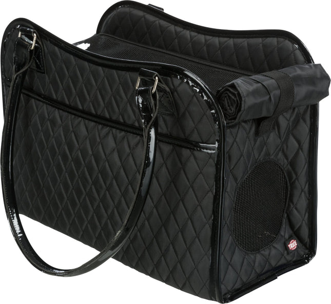 Een luxe zwarte gewatteerde hondendraagtas met handvat, die zorgt voor een uitstekende luchtcirculatie voor het comfort van uw huisdier. Trixie - Reistas Amina