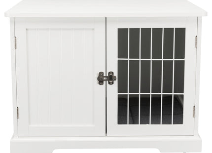 Een witte Trixie - Bench / Home Kennel met glazen deuren, perfect voor interieurdecoratie.