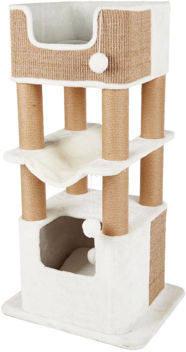 Een Trixie - Krabmeubel Lucano XXL toren met drie niveaus, perfect voor grotere katten zoals Maine Coons.