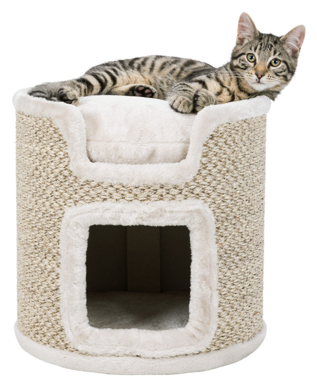 Een kat loungen bovenop een Trixie - Cat Tower Ria kattenhuis.
