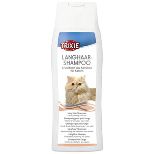 Een fles Trixie - Langhaar-Shampoo speciaal ontworpen voor langharige katten met als extra voordeel dat het vervilting voorkomt. Op de fles staat een schattige illustratie van een.