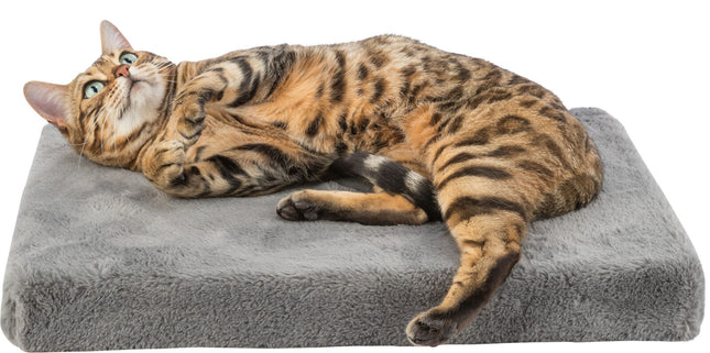 Een Bengaalse kat die op een grijs kussen rust en het comfort van de Trixie - Vitaal Matras Lonni laat zien.
